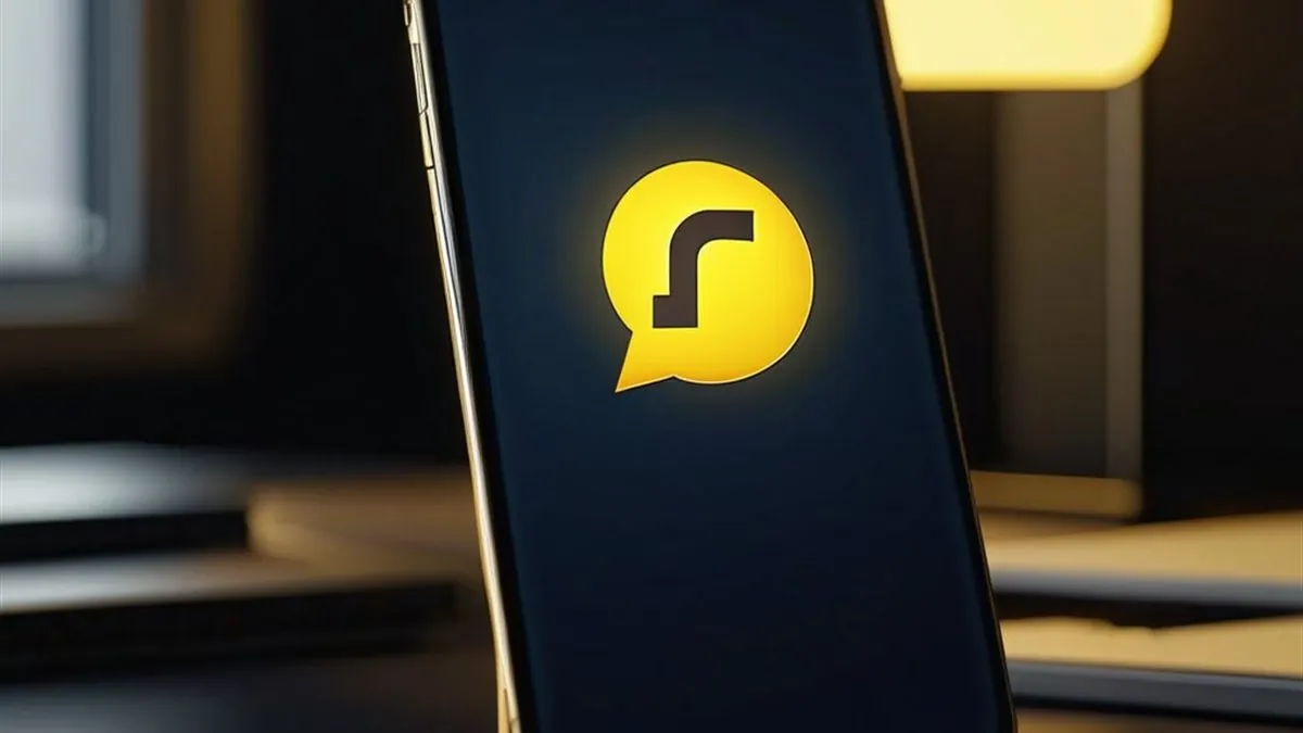 Celular en una base dorada con un icono amarillo luminoso en la pantalla