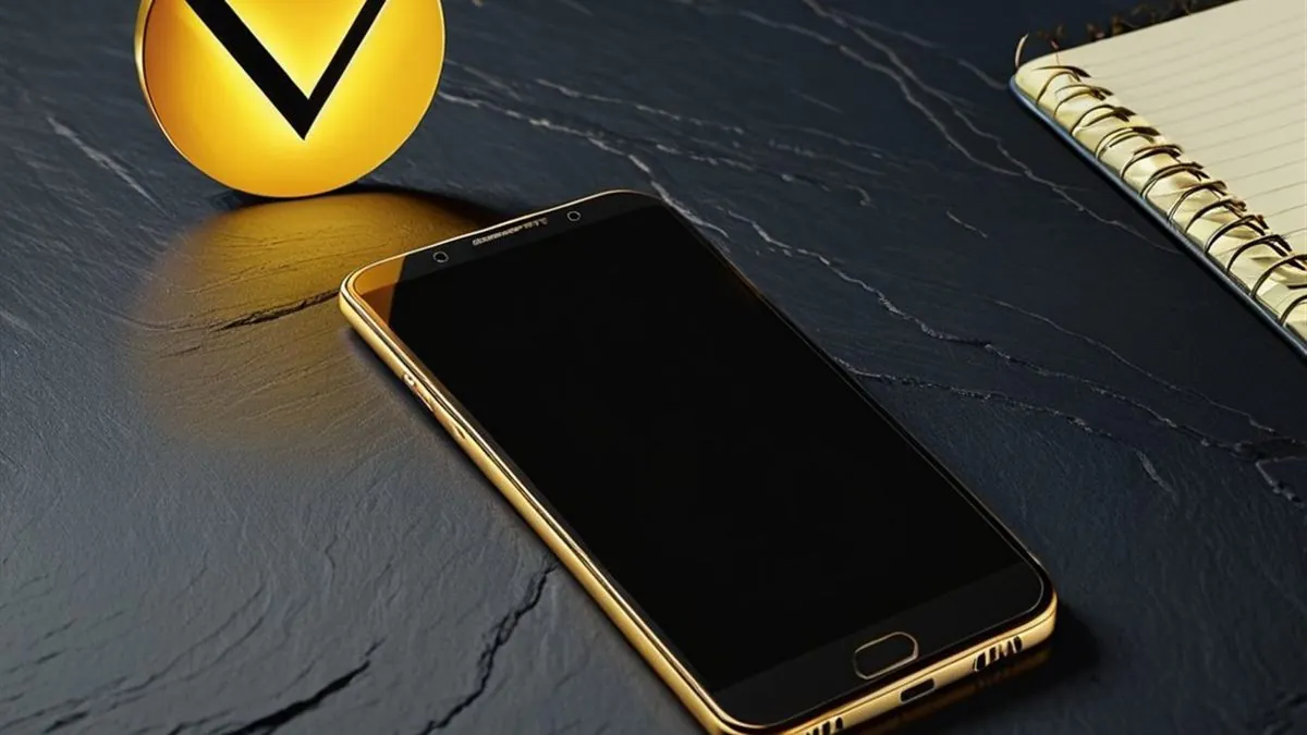 Celular sobre una mesa de pizarra junto a una insignia amarilla con marca de verificación