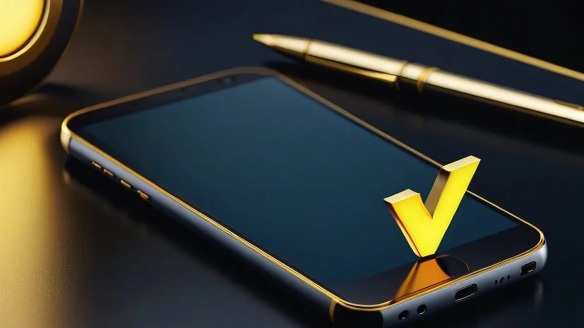 Celular sobre un escritorio oscuro con una marca de verificación dorada en la pantalla