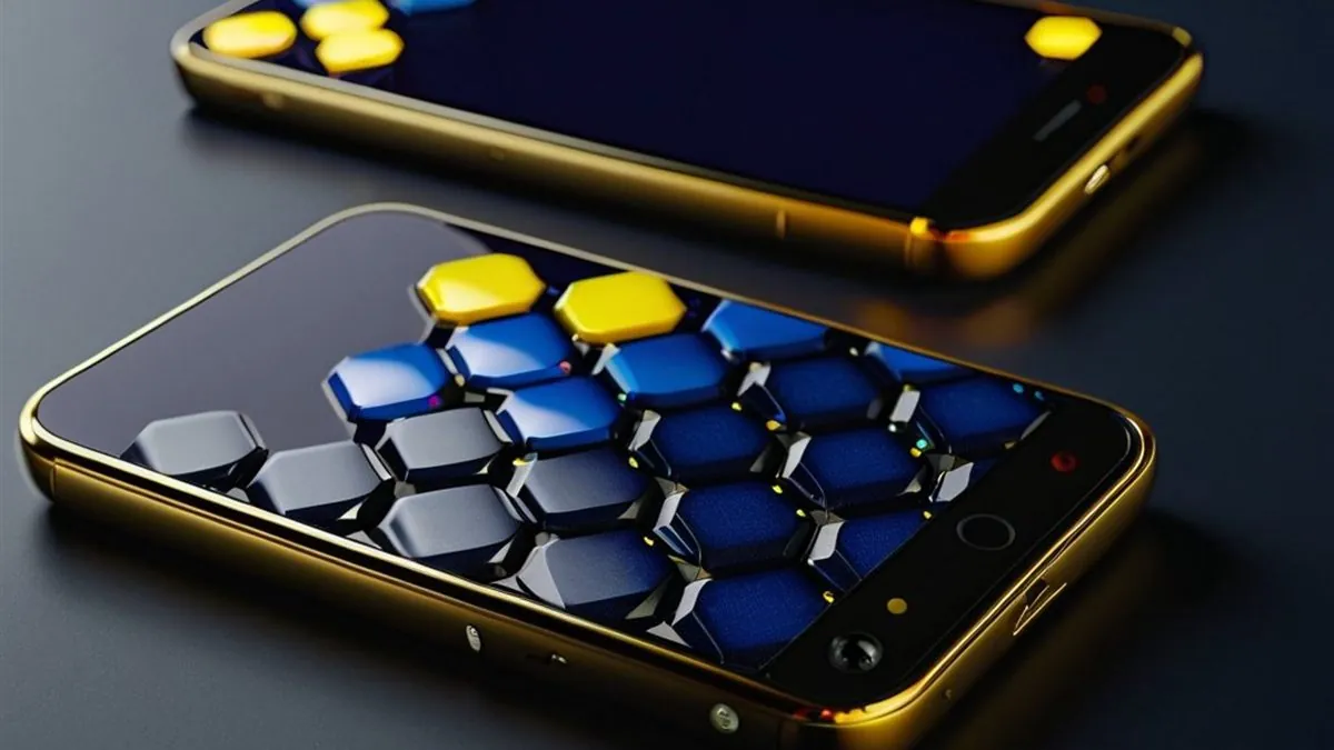 Dos celulares sobre una mesa oscura con fichas de juego azules y amarillas en pantalla