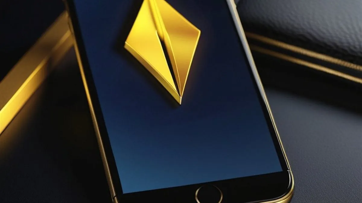 Celular con un icono dorado en pantalla azul junto a una cartera oscura