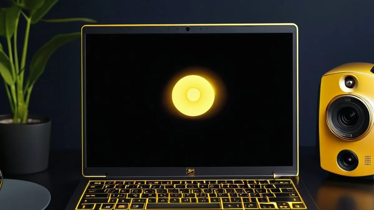 Laptop con un círculo amarillo luminoso en pantalla junto a una cámara amarilla